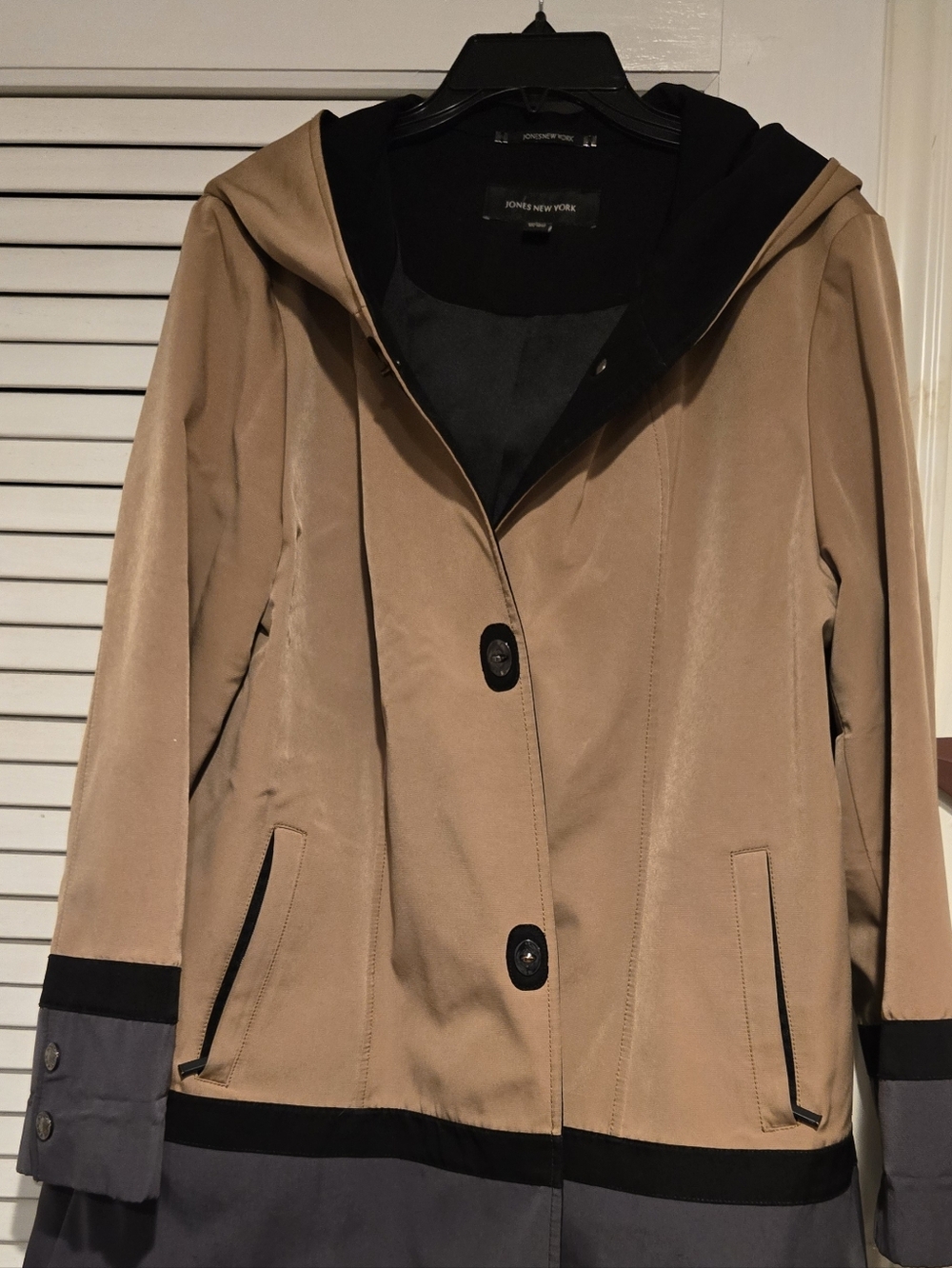 Jones New York Tan and Black Hooded Trench Coat with Gray Hem